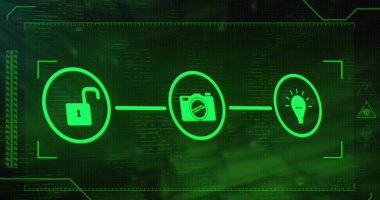 Simgelerin resmi, veri işleme ve bağlantı ağı. Küresel ağlar, işletmeler, finansmanlar, hesaplama ve veri işleme kavramı dijital olarak oluşturuldu.