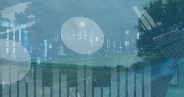 Yol trafiğiyle zaman aşımındaki grafikler ve finansal veriler. finans, ekonomi ve ulaşım kavramı dijital olarak oluşturulmuş görüntü.