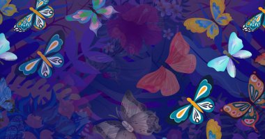 Bitkilerin üzerindeki renkli kelebeklerin görüntüsü. küresel çevre, yeşil enerji ve dijital arayüz kavramı dijital olarak oluşturulmuş görüntü.