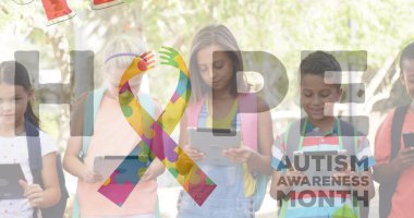 Renkli yapboz parçaları ve elektronik aletler kullanan çocukların arkadaşlarıyla ilgili otizm metinleri. otizm, öğrenme güçlüğü, destek ve farkındalık kavramı dijital olarak oluşturulmuş görüntü.