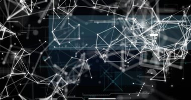 Simgelerle bağlantı ağı üzerinden veri işleme ve şekillerin resmi. Küresel iş ve dijital arayüz kavramı dijital olarak oluşturulmuş görüntü.