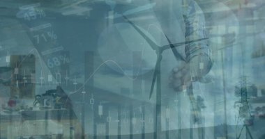 Rüzgar türbini ve beyaz erkek mühendis üzerindeki grafikler ve finansal veriler. finans, ekonomi, yenilenebilir kaynaklar ve dijital olarak oluşturulan enerji konsepti.