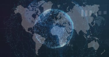 Siyah zemin üzerinde dünya haritası ve küre ile veri işleme resmi. Sosyal medya ve iletişim arayüzü kavramı dijital olarak oluşturulmuş görüntü.