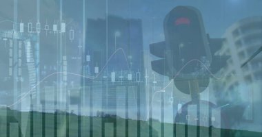 Trafik ışıklarının üzerindeki grafikler ve finansal veriler. finans, ekonomi ve ulaşım kavramı dijital olarak oluşturulmuş görüntü.