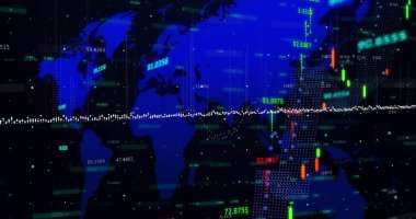 Finansal veri işleme resmi dünya haritasında siyah arka planda, kopyalama alanı. Küresel finans ve iş teknolojisi kavramı