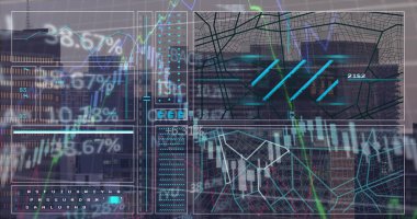 Şehir manzarası üzerinde finansal veri işleme resmi. Küresel iş, finans, hesaplama ve veri işleme kavramı dijital olarak oluşturulmuş görüntü.