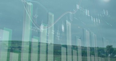 Rüzgar türbininin üzerindeki grafikler ve finansal veriler. finans, ekonomi, yenilenebilir kaynaklar ve dijital olarak oluşturulan enerji konsepti.