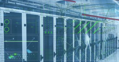 Bilgisayar sunucuları üzerinden veri işleme resmi. Küresel bulut hesaplaması, dijital arayüz ve veri işleme kavramı dijital olarak oluşturuldu.