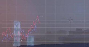 Şehir manzarası üzerinde finansal veri işleme resmi. Küresel işletme finans ve veri işleme kavramı dijital olarak oluşturulmuş görüntü.