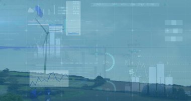 Kırsal bölgelerdeki rüzgar türbinleri üzerinde istatistik ve veri işleme resimleri. çevre, sürdürülebilirlik, ekoloji, yenilenebilir enerji, küresel ısınma ve iklim değişikliği farkındalığı.