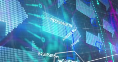 Donanma arkaplanındaki sayıları ve okları değiştiren çember işleme görüntüsü, boşluğu kopyala. veri işleme, dijital arayüz ve teknoloji konsepti dijital olarak oluşturulmuş görüntü