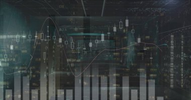 Ekranlar ve şehir manzarası üzerinden veri işleme resmi. küresel veri işleme, teknoloji ve dijital arayüz kavramı dijital olarak oluşturulmuş görüntü.