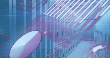 Bilgisayar sunucuları üzerinden veri işleme resmi. Küresel bulut hesaplaması, dijital arayüz ve veri işleme kavramı dijital olarak oluşturuldu.