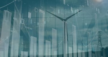 Rüzgar türbininin üzerindeki grafikler ve finansal veriler. finans, ekonomi, yenilenebilir kaynaklar ve dijital olarak oluşturulan enerji konsepti.
