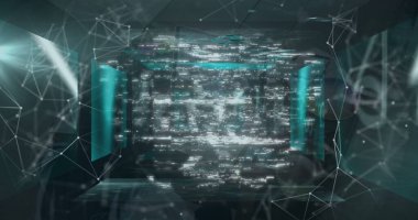 Bilgisayarı kullanan bir kadının veri işleme ve güvenlik kilidi görüntüsü. küresel iletişim ve veri güvenliği konsepti dijital olarak oluşturulmuş görüntü.