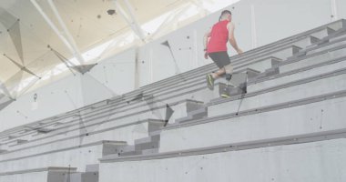 Protez bacaklı beyaz bir adamın, merdivenlerden yukarı çıkarken etrafında dönen bağlantıların görüntüsü. Spor ve bağlantılar konsepti dijital olarak oluşturulmuş görüntü.