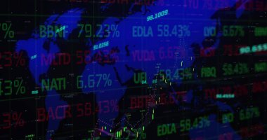Finansal ve borsa veri işleme görüntüsü dünya haritasında siyah arkaplanla karşılaştırıldığında, kopyalama alanı. Küresel ekonomi ve iş teknolojisi kavramı