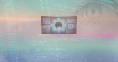 Kadının mavi gözünün üzerinde işlenen veri görüntüsü. küresel hesaplama, teknoloji ve dijital arayüz konsepti dijital olarak oluşturulmuş görüntü.