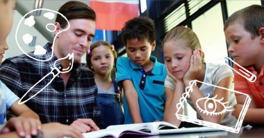 Kafkas erkek öğretmenin okulda çeşitli öğrencilere ders vermesine karşı sanat konsepti simgeleri. Okula ve eğitim konseptine dönüş