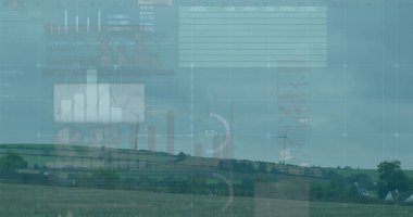 Rüzgar türbinleri üzerinde veri işleme istatistikleri. Küresel çevre, sürdürülebilirlik, iş, finans ve veri işleme kavramı dijital olarak oluşturulmuş görüntü.