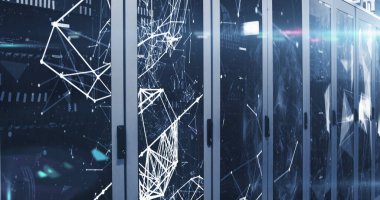 Sunucu odasının üzerindeki şekiller. küresel iş ve dijital arayüz kavramı dijital olarak oluşturulmuş görüntü.