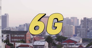 Şehir manzarasının havadan görüntüsüne karşı 6G metin afişi. Küresel ağ ve iş teknolojisi kavramı