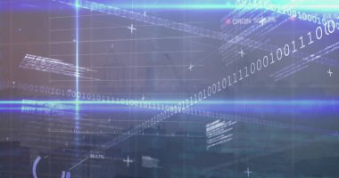 Borsa veri işleme görüntüsü ve şehir manzarasının hava manzarasına karşı mavi ışık yolları. Küresel ekonomi ve iş teknolojisi kavramı
