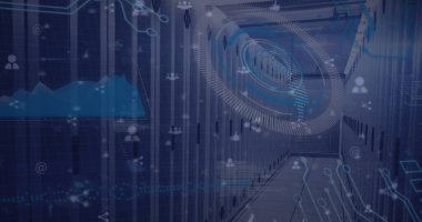 Sunucu odasının üzerinde simgelerle tarama ve küresel görüntü alanı kopyala. Küresel iş ve dijital arayüz kavramı, dijital olarak oluşturulmuş görüntü