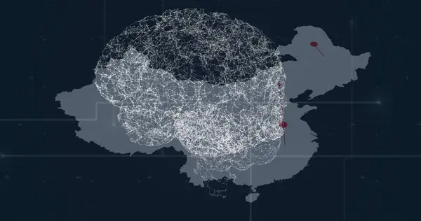 stock image Human brain spinning over usa map and network of connections on blue background. medical research and science technology concept