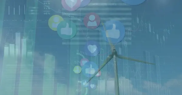 stock image Image of graphs and financial data over wind turbine. finance, economy, renewable resources and energy concept digitally generated image.