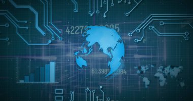 Veri işleme, tarama ve bilgisayar devre kartı görüntüsü. küresel veri işleme, hesaplama ve dijital arayüz kavramı dijital olarak oluşturuldu.