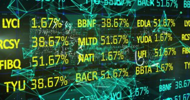 Matematiksel denklemler üzerinden borsa görüntüsü ve kara arkaplanda bağlantılar ağı. Küresel bağlantılar, hesaplama ve dijital arayüz konsepti dijital olarak oluşturuldu.