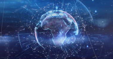 Aydınlatılmış, dönen dairedeki ışınlar, soyut arkaplan üzerindeki sayılar. Dijital olarak üretilen hologram, illüstrasyon, mavi, küreselleşme, büyüme ve teknoloji kavramı.