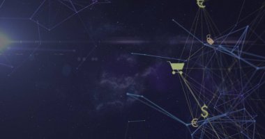 Siyah arkaplanda ışık noktaları ve ortam simgeleri. küresel iş ve dijital arayüz kavramı dijital olarak oluşturulmuş görüntü.