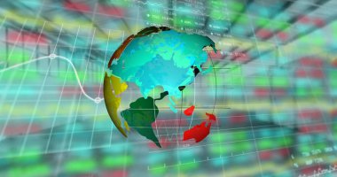 Finansal veriler ve grafikler üzerinden dönen dünya görüntüsü. küresel finans, ekonomi ve teknoloji konsepti dijital olarak oluşturulmuş görüntü.