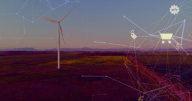 Rüzgar türbini ve peyzaj üzerindeki ikonlar ve bağlantılar, kopyalama uzayı. ağ, bağlantılar, yeşil enerji ve teknoloji konsepti dijital olarak oluşturulmuş görüntü
