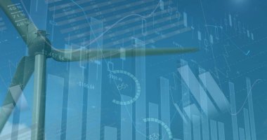 Finansal verilerin ve rüzgar türbinli grafiklerin görüntüsü, kopyalama alanı. Çevre, sürdürülebilirlik, ekoloji, yenilenebilir enerji konsepti dijital olarak oluşturulmuş görüntü