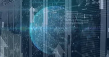 Küresel görüntü, bağlantılı noktalar, yukarı ok, bilgisayar dili, veri sunucu raflarının üzerindeki grafikler. Dijital bileşik, büyüme, kodlama, küreselleşme, ağ güvenliği, rapor, teknoloji, veri merkezi.