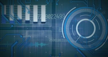 Veri işleme, tarama ve bilgisayar devre kartı görüntüsü. küresel veri işleme, hesaplama ve dijital arayüz kavramı dijital olarak oluşturuldu.