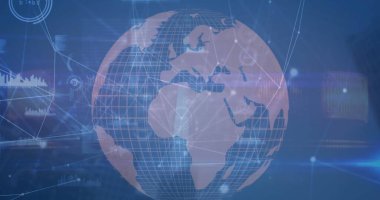 Soyut arkaplana bağlı noktalar, grafik simgeleri olan küre görüntüsü. Dijital olarak üretilmiş, çoklu maruz kalma, küreselleşme, telekomünikasyon, aydınlanma ve teknoloji kavramı.