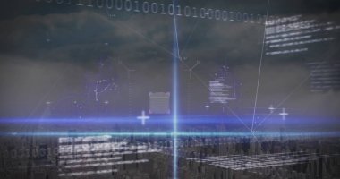 Şehir manzarasının havadan görüntüsüne karşı bağlantı ağı ve qr kod tarayıcısı görüntüsü. Dijital ödeme ve iş ağı teknolojisi kavramı