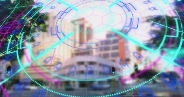 Şehir manzarası üzerinde tarama yapılırken görüntüsü. küresel iş ve dijital arayüz kavramı dijital olarak oluşturulmuş görüntü.