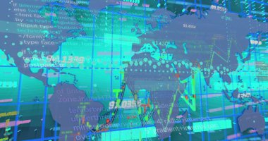Dünya haritası üzerinde istatistik ve finansal veri işleme resimleri. Küresel iş, finans, hesaplama ve veri işleme kavramı dijital olarak oluşturulmuş görüntü.