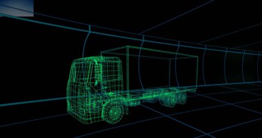 Siyah arka planda dijital kamyon resmi, kopyalama alanı. küresel ulaşım ve dijital arayüz kavramı dijital olarak oluşturulmuş görüntü