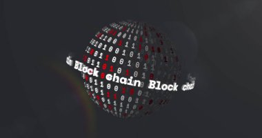 İkili kodların etrafındaki blok zincir metinlerin görüntüsü dünyayı oluşturur, soyut arkaplanda lensler parlar. Dijital olarak üretilmiş, hologram, kripto para birimi, küreselleşme, illüstrasyon ve teknoloji konsepti.