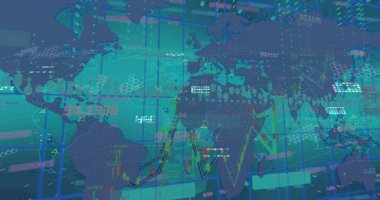 Dünya haritası üzerinde istatistik ve finansal veri işleme resimleri. Küresel iş, finans, hesaplama ve veri işleme kavramı dijital olarak oluşturulmuş görüntü.