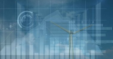 Finansal verilerin ve rüzgar türbinli grafiklerin görüntüsü, kopyalama alanı. Çevre, sürdürülebilirlik, ekoloji, yenilenebilir enerji konsepti dijital olarak oluşturulmuş görüntü