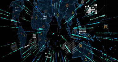 Dünya haritası üzerinde ağ ve veri işleme resmi. veri ağı ve küresel iletişim teknolojisi konsepti dijital olarak oluşturulmuş görüntü.