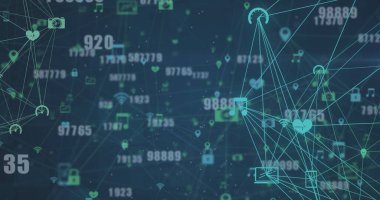 Mavi arkaplanda rakamların ve ortam simgelerinin resmi. küresel iş ve dijital arayüz kavramı dijital olarak oluşturulmuş görüntü.