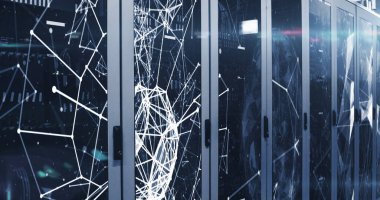 Sunucu odasında hareket eden şekillerin resmi, boşluğu kopyala. küresel iş ve dijital arayüz kavramı dijital olarak oluşturulmuş görüntü